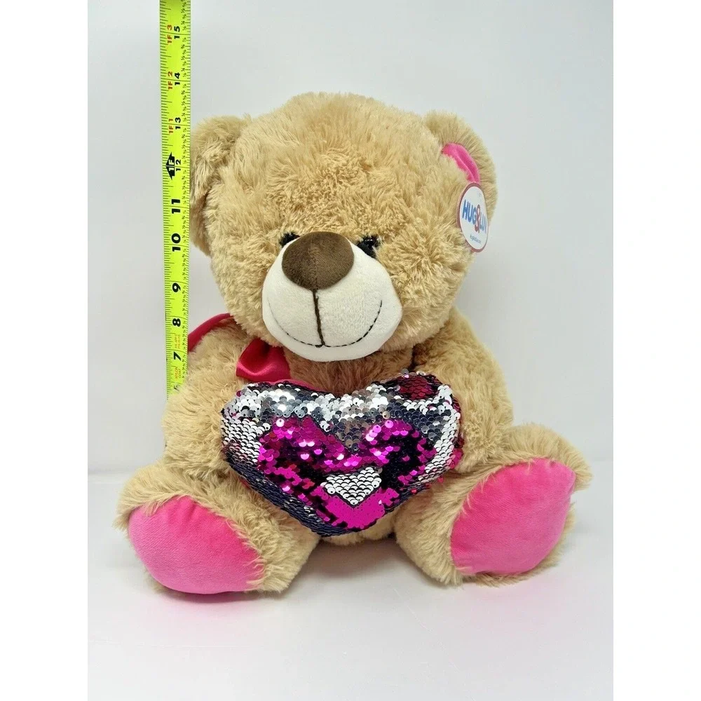 Hug&Luv Brown Bear and Pink Tie Plush Stuffed Toy w/ Heart Reversible Color Gift